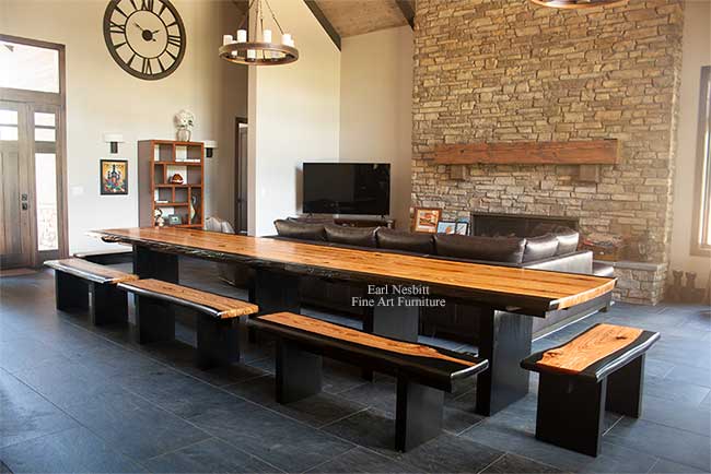 hickory live edge table shown with both tables together as one long table and all five benches